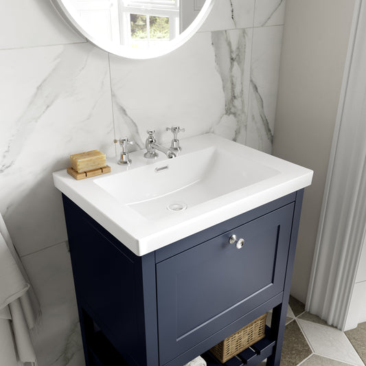 Hudson Reed Bexley 600mm Indigo Blue Floor Standing 1 Drawer Vanity Unit with 3 Tap Hole Fireclay Basin