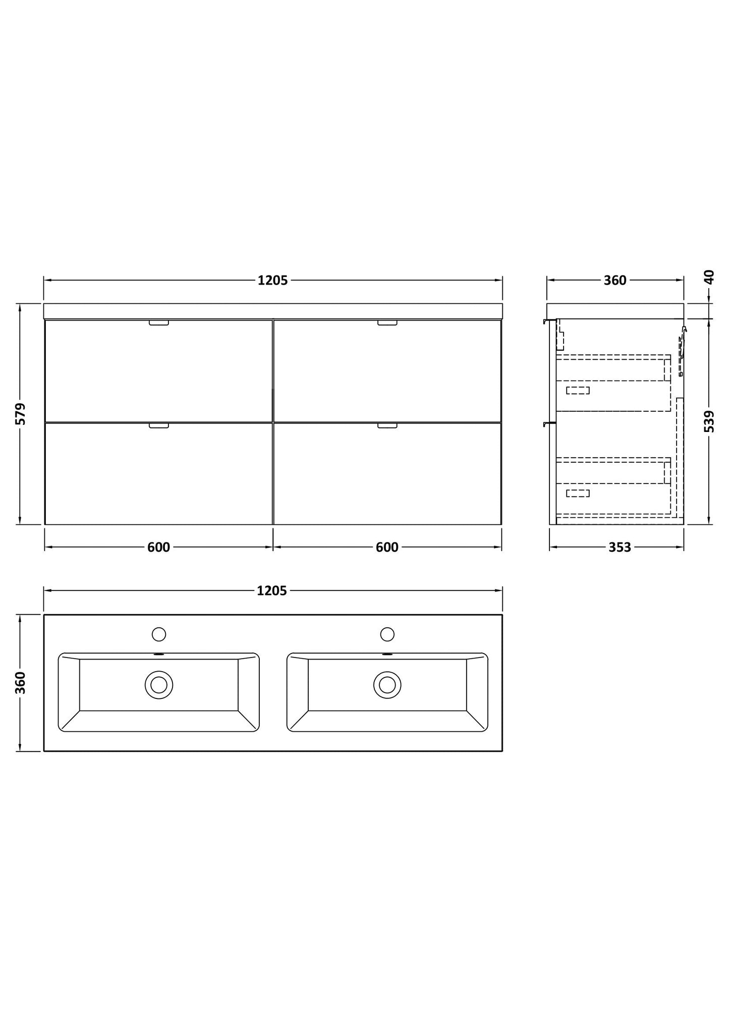 Hudson Reed Fusion 1205mm Wall Hung Bleached Oak 4-Drawer Vanity Unit With Double Basin