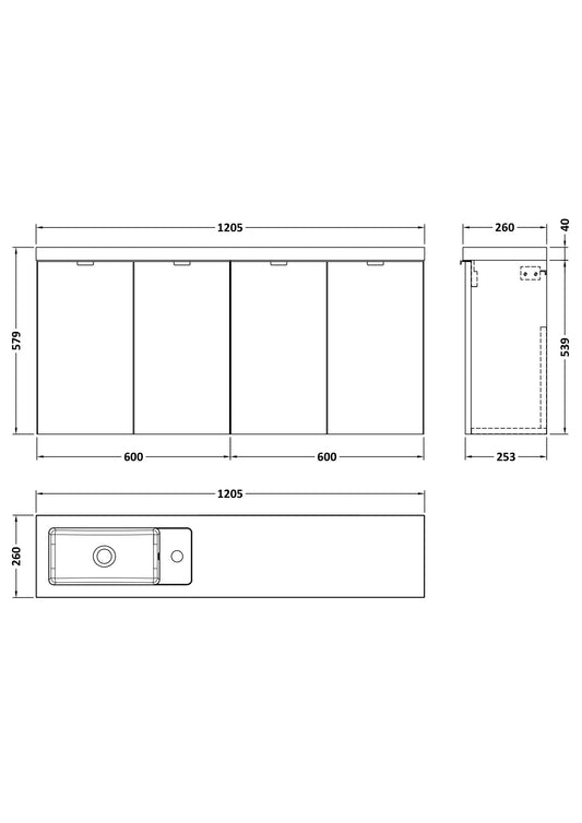 Hudson Reed Fusion 1200mm Bleached Oak Wall Hung 4-Door Vanity & Basin Soft Close Doors & Handles