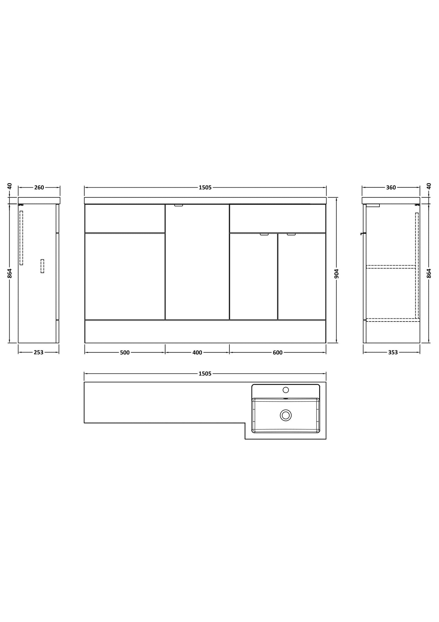 Hudson Reed Fusion 1500mm Floor Standing 2 Door Vanity Basin & Right Hand Toilet Combination Unit