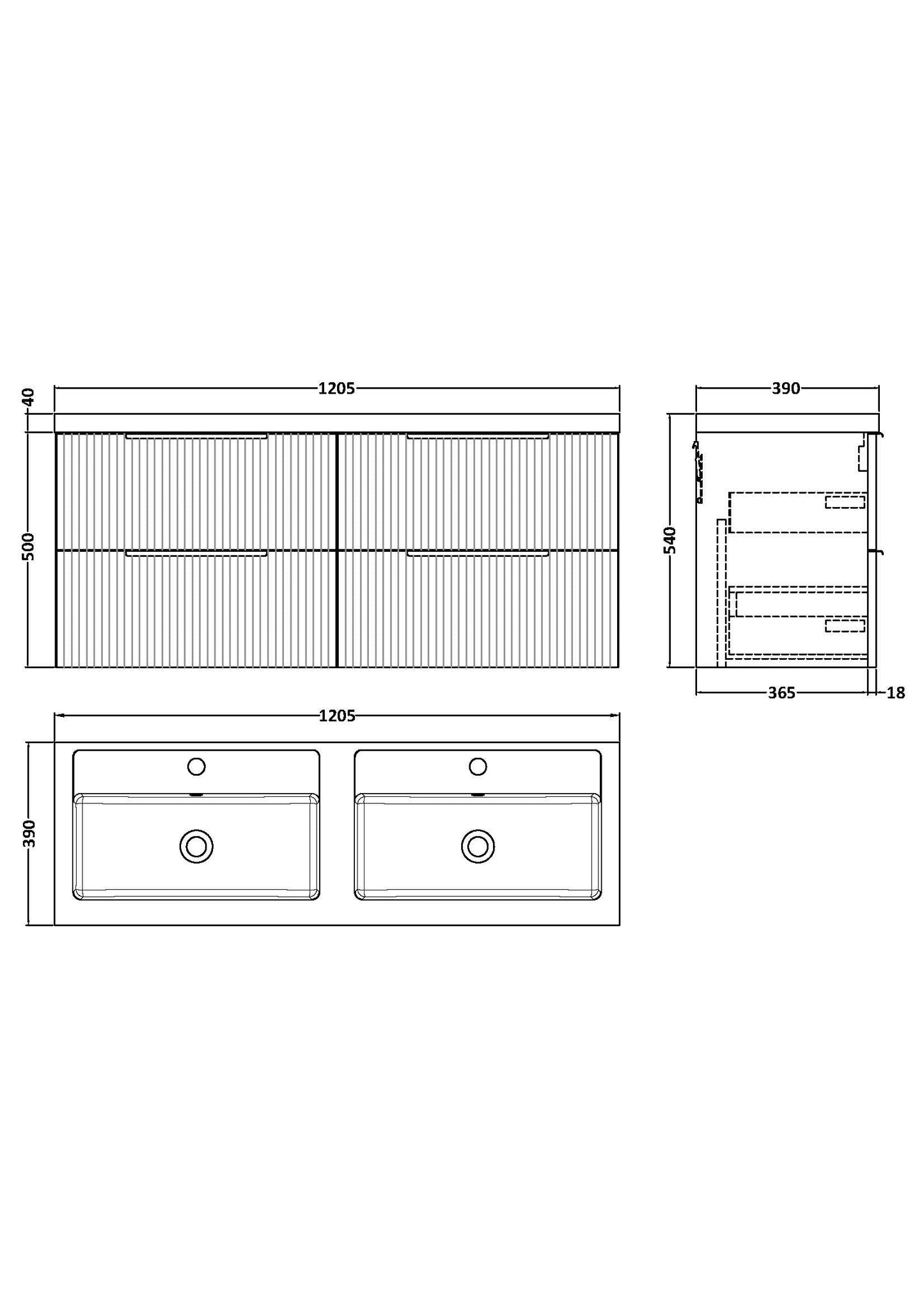 Hudson Reed Fluted 1205mm Satin Grey Wall Hung 4-Drawer Vanity Unit with Double Basin, Pre-Assembled