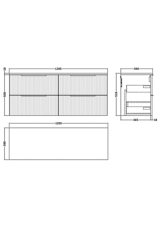 Hudson Reed Fluted 1200mm Satin Blue Wall Hung 4-Drawer Vanity with Worktop