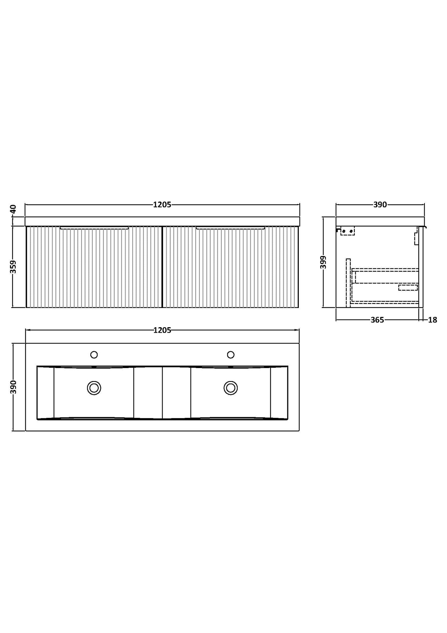Hudson Reed Fluted 1200mm Wall Hung 2-Drawer Vanity and Double Basin