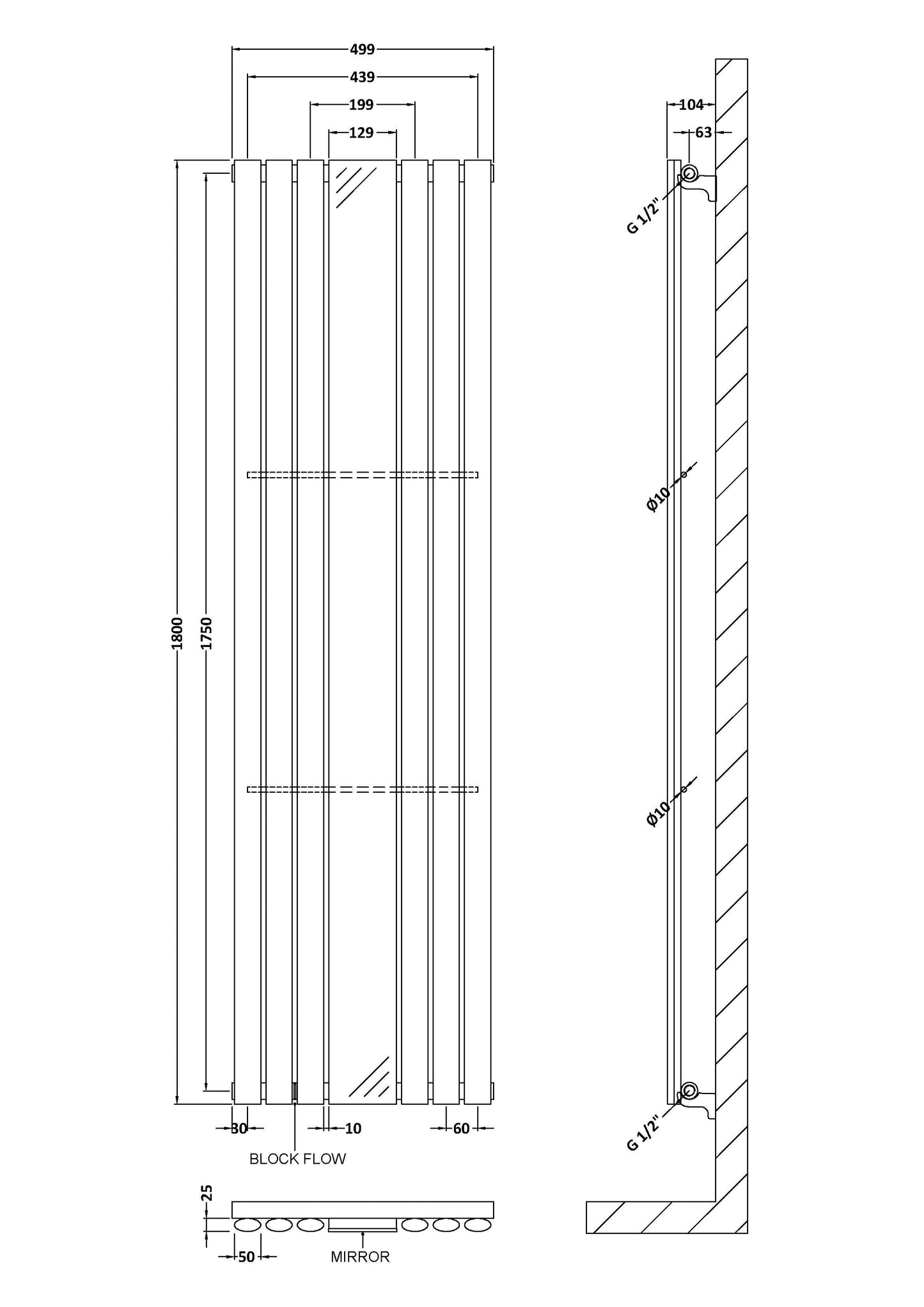 Single Panel Designer Radiator 1800 x 499mm