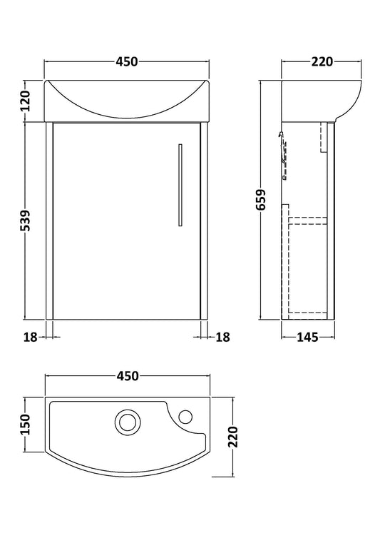 Hudson Reed Juno Compact 440mm Coastal Grey Wall Hung Single Door Vanity Unit with 1 Tap Hole Left Hand Basin