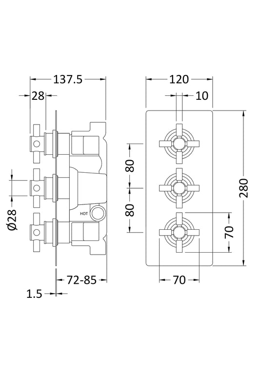 Tec Crosshead Triple Thermostatic Shower Valve With Diverter