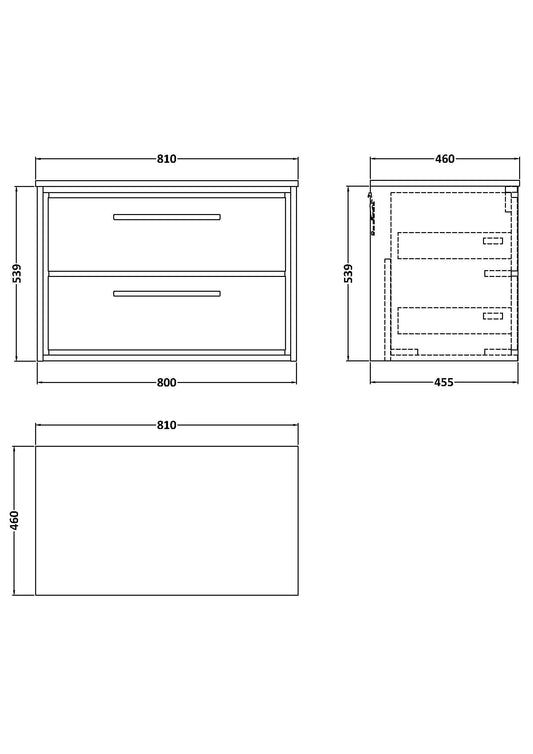 Hudson Reed Lille 800mm Wall Hung Graphite Grey Woodgrain 2-Drawer Vanity Unit with Marble Worktop, Soft Close Drawers