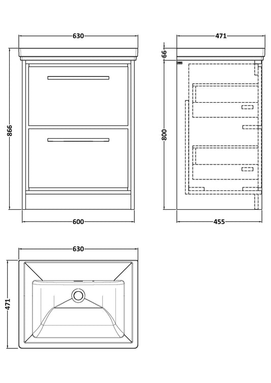Hudson Reed Lille 600mm Floor Standing 2-Drawer Vanity Unit With Basin