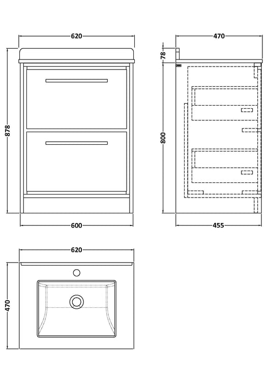 Hudson Reed Lille 600mm Floor Standing 2-Drawer Vanity with Marble Worktop Basin, Soft-Close