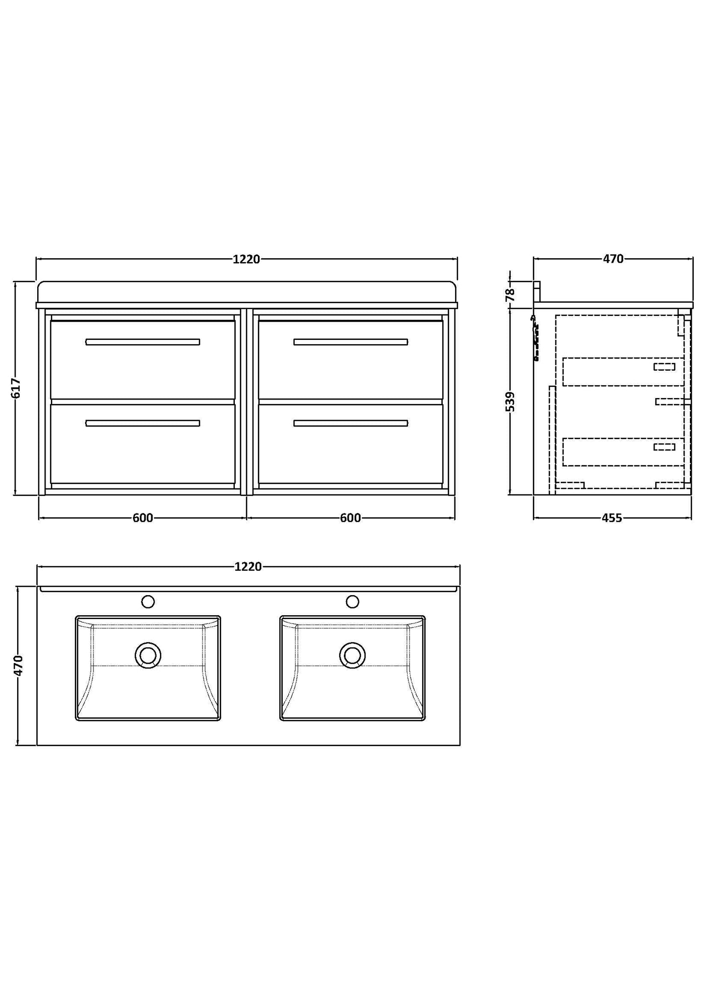 Hudson Reed Lille 1220mm Wall Hung 4-Drawer Bleached Oak Vanity Unit With Marble Worktop & Double Basins