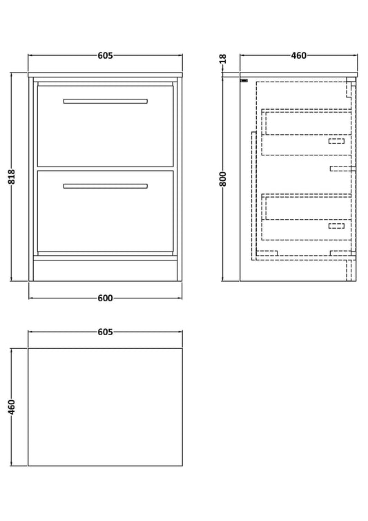 Hudson Reed Lille 600mm Bleached Oak Floor Standing 2-Drawer Vanity Unit with Worktop, Soft Close Drawers & Handles