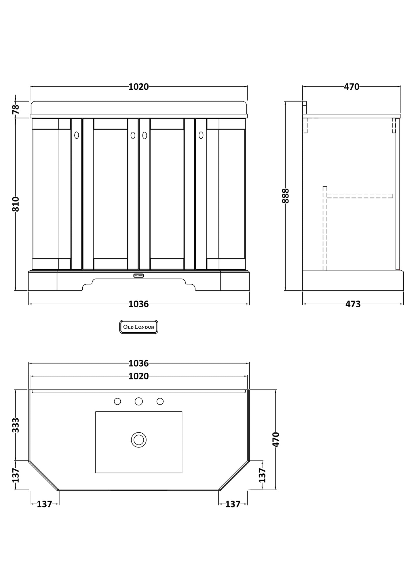 Hudson Reed Old London 1036mm Storm Grey Floor Standing Vanity Unit With 3 Tap Hole White Marble Top Basin