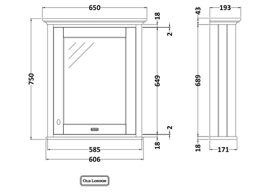Hudson Reed Old London 650mm 1 Door Storm Grey Wall Hung Mirror Cabinet With Handles