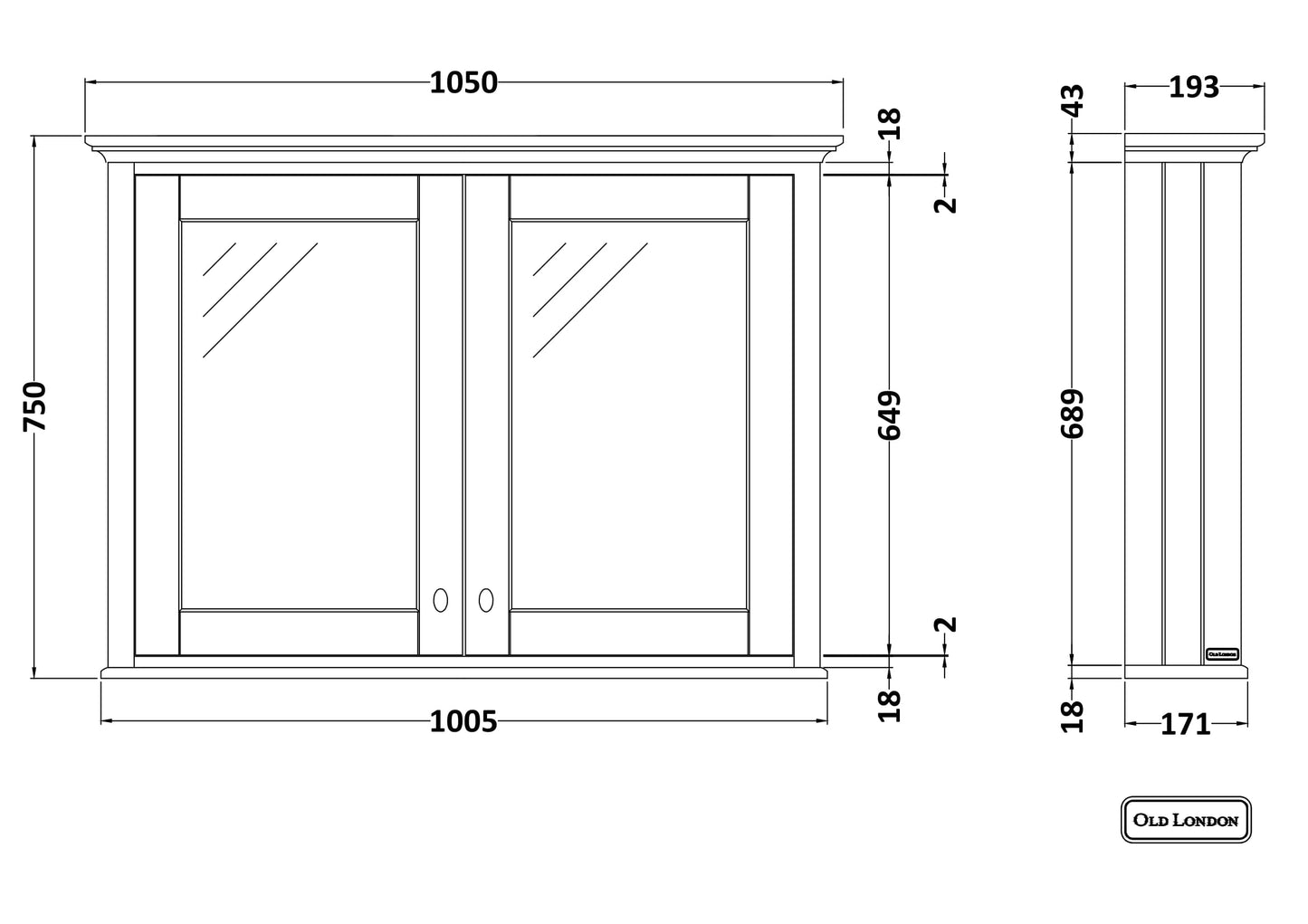 Hudson Reed Old London 1050mm 2 Door Timeless Sand Wall Hung Mirror Cabinet With Handles