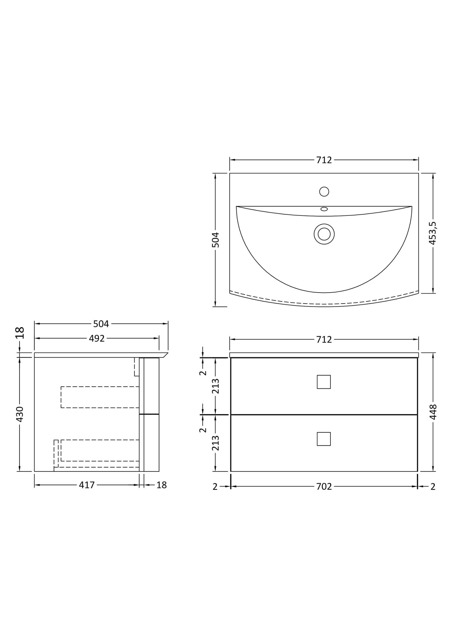 Hudson Reed Sarenna 700mm Wall Hung 2 Drawer Vanity Unit with Basin