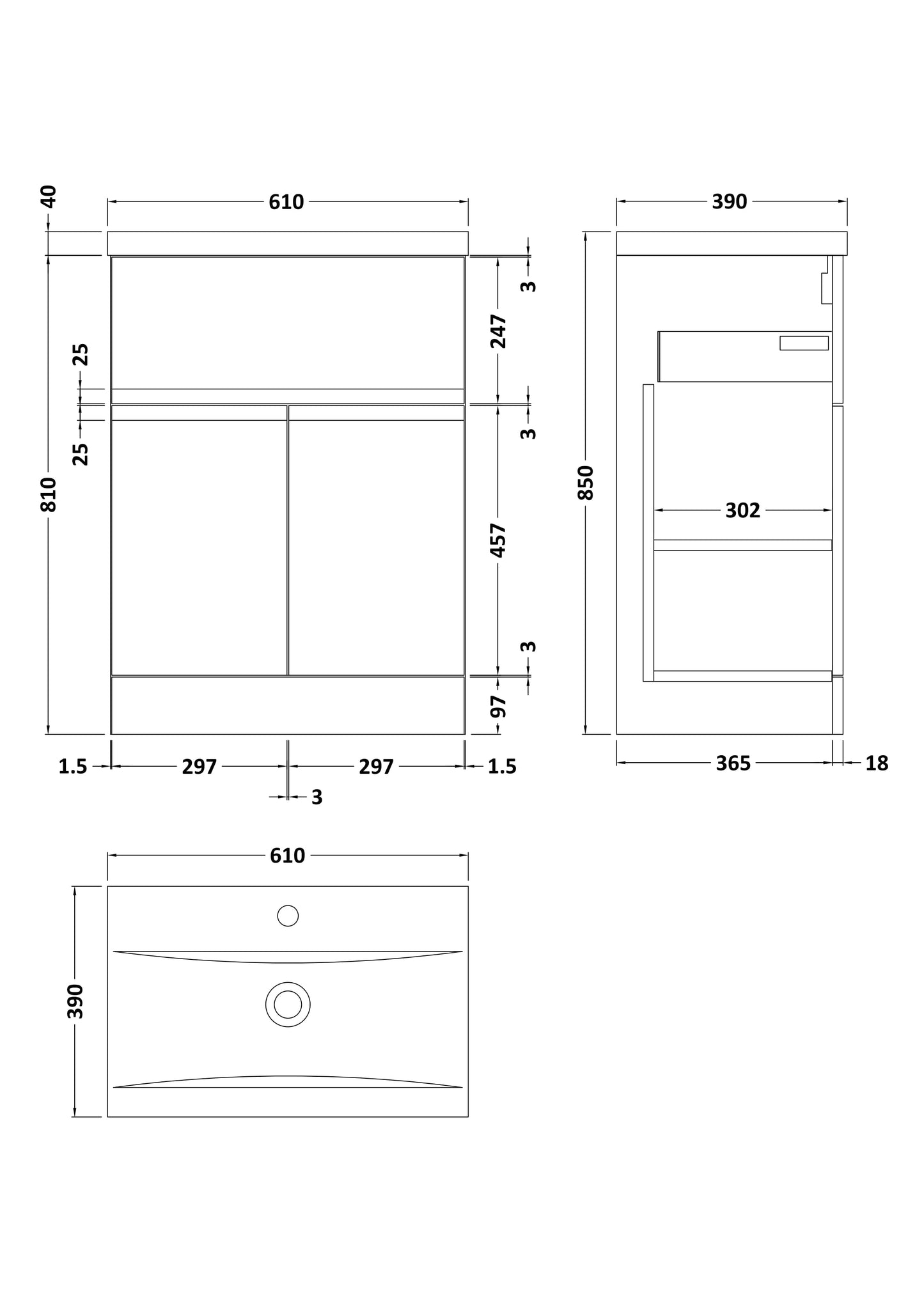Hudson Reed Urban 600mm Floor Standing 2 Door 1 Drawer Vanity Unit with Basin
