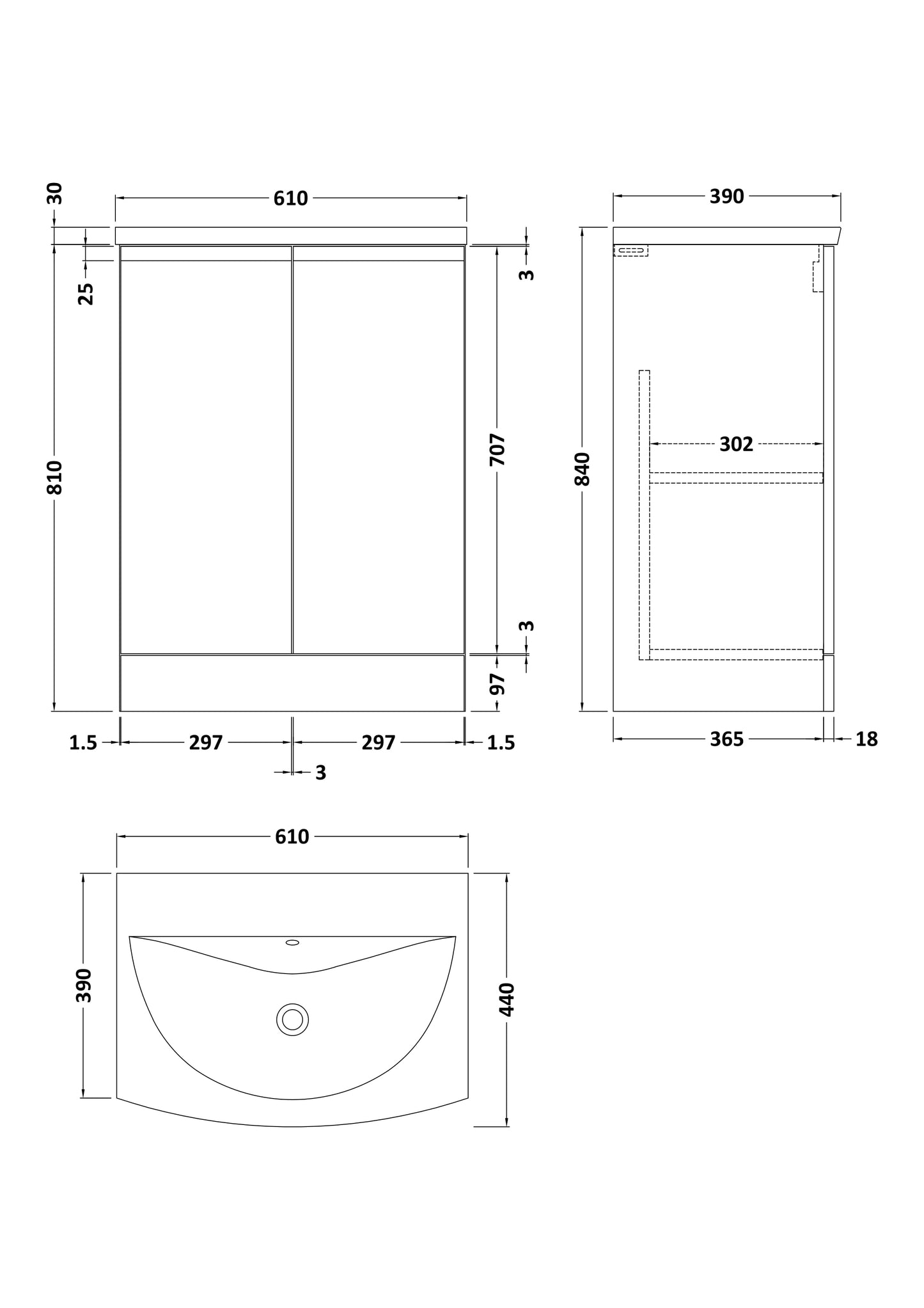 Hudson Reed Urban 610mm Handleless Floor Standing 2 Door Vanity Unit With Curved Ceramic Basin