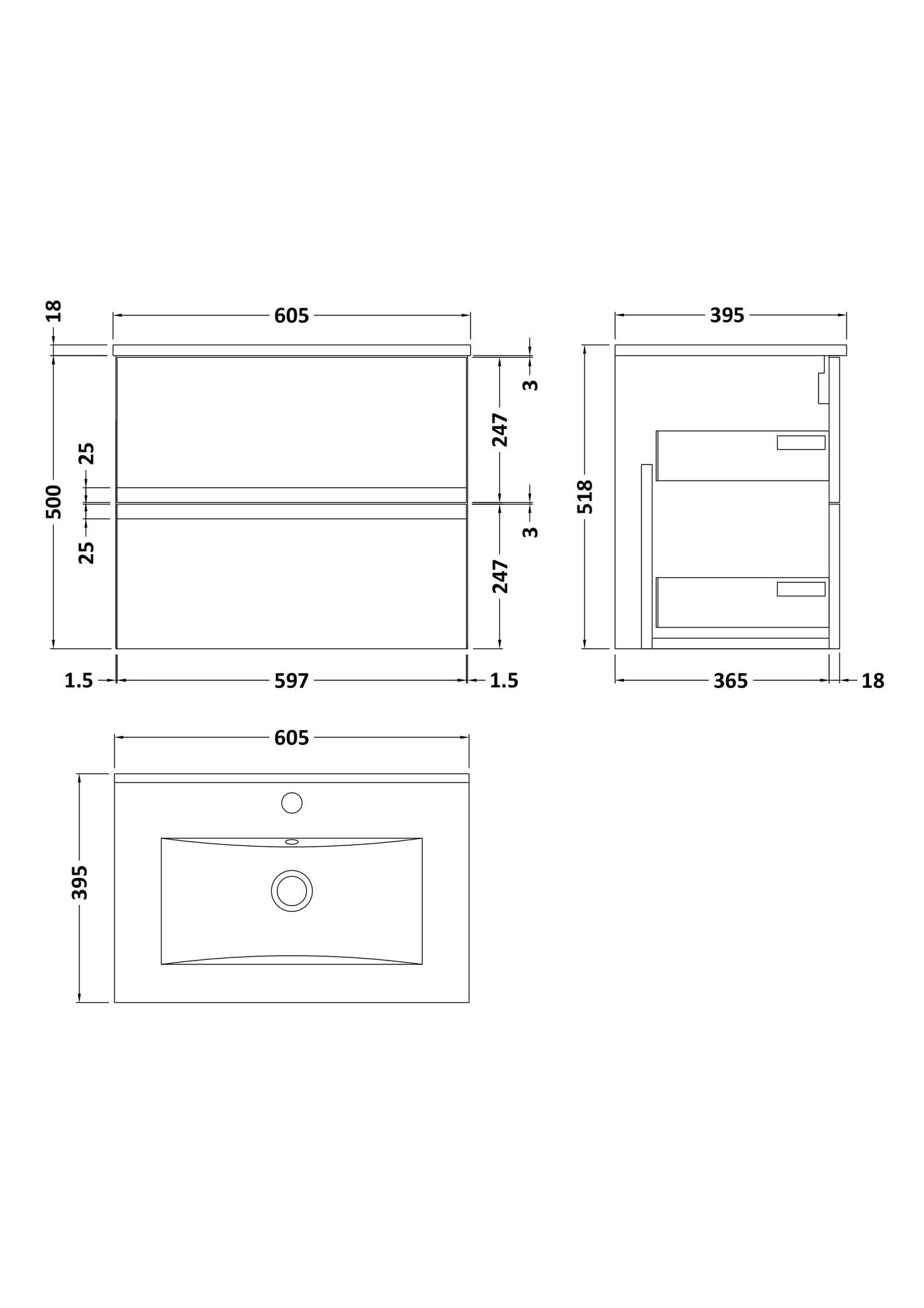Hudson Reed Urban 600mm Wall Hung 2 Drawer Vanity Unit with Basin