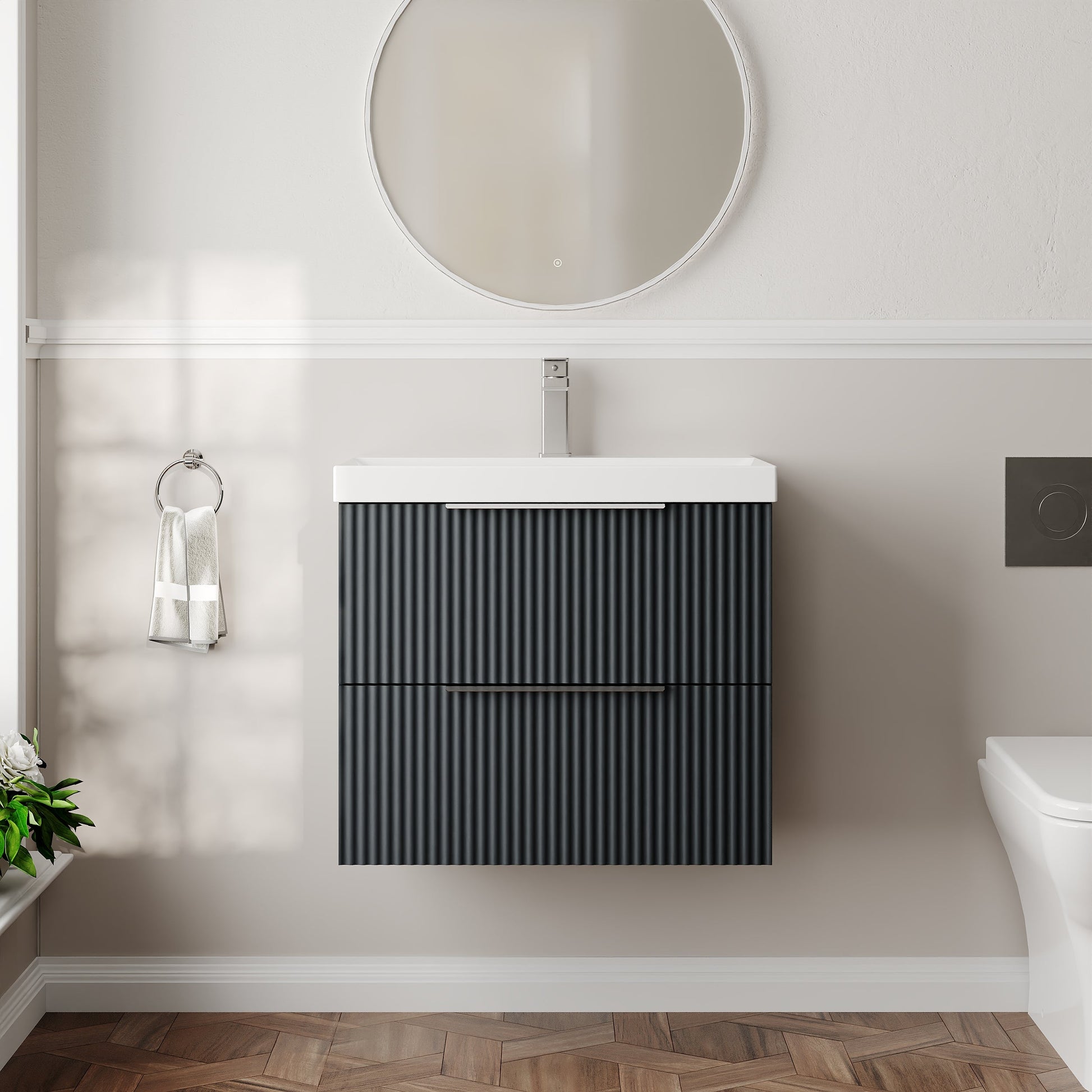 Hudson Reed Fluted 600mm Soft Black Wall Hung 2-Drawer Vanity Unit With Thin-Edge Basin