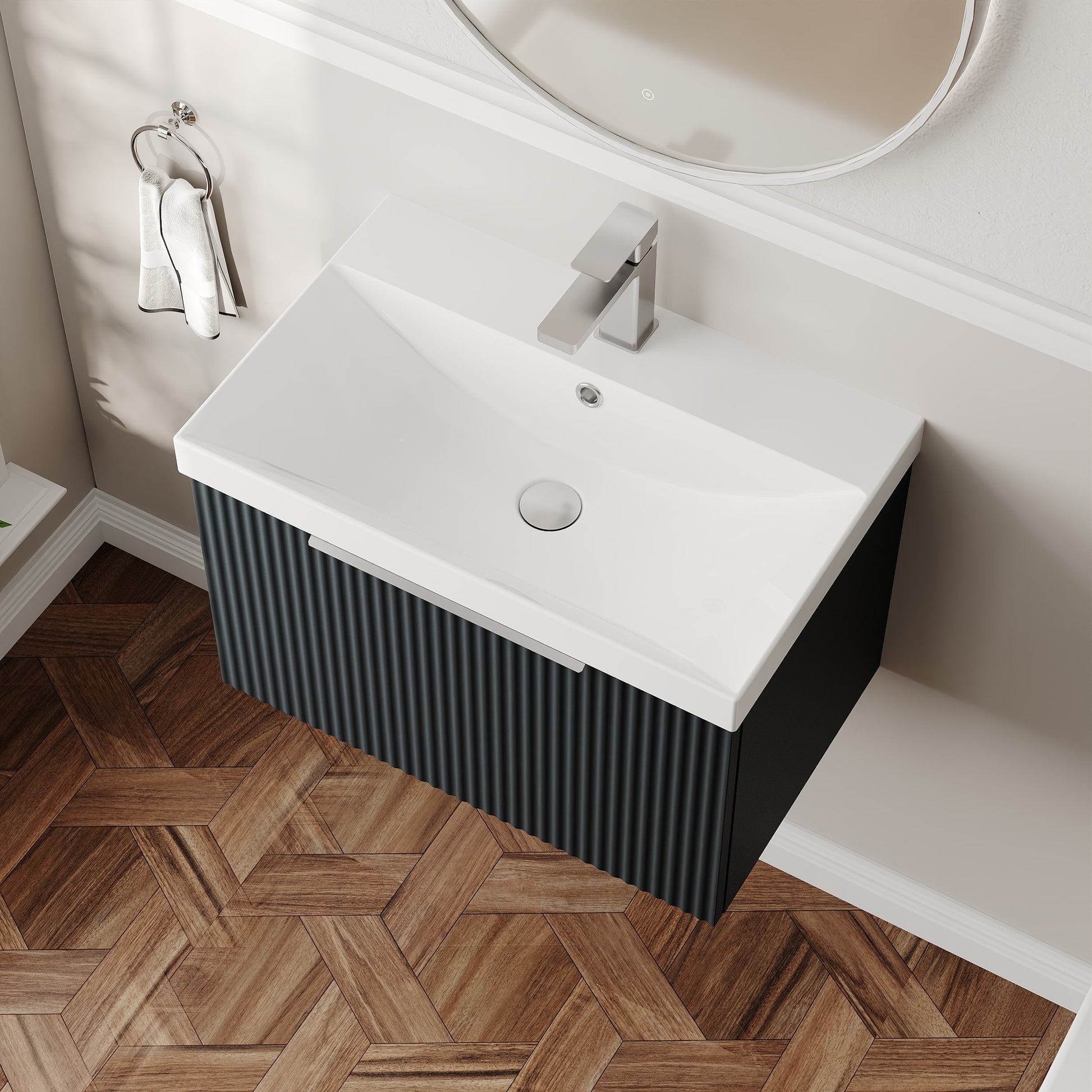 Hudson Reed Fluted 600mm Soft Black Wall Hung Single Drawer Vanity Unit With Basin