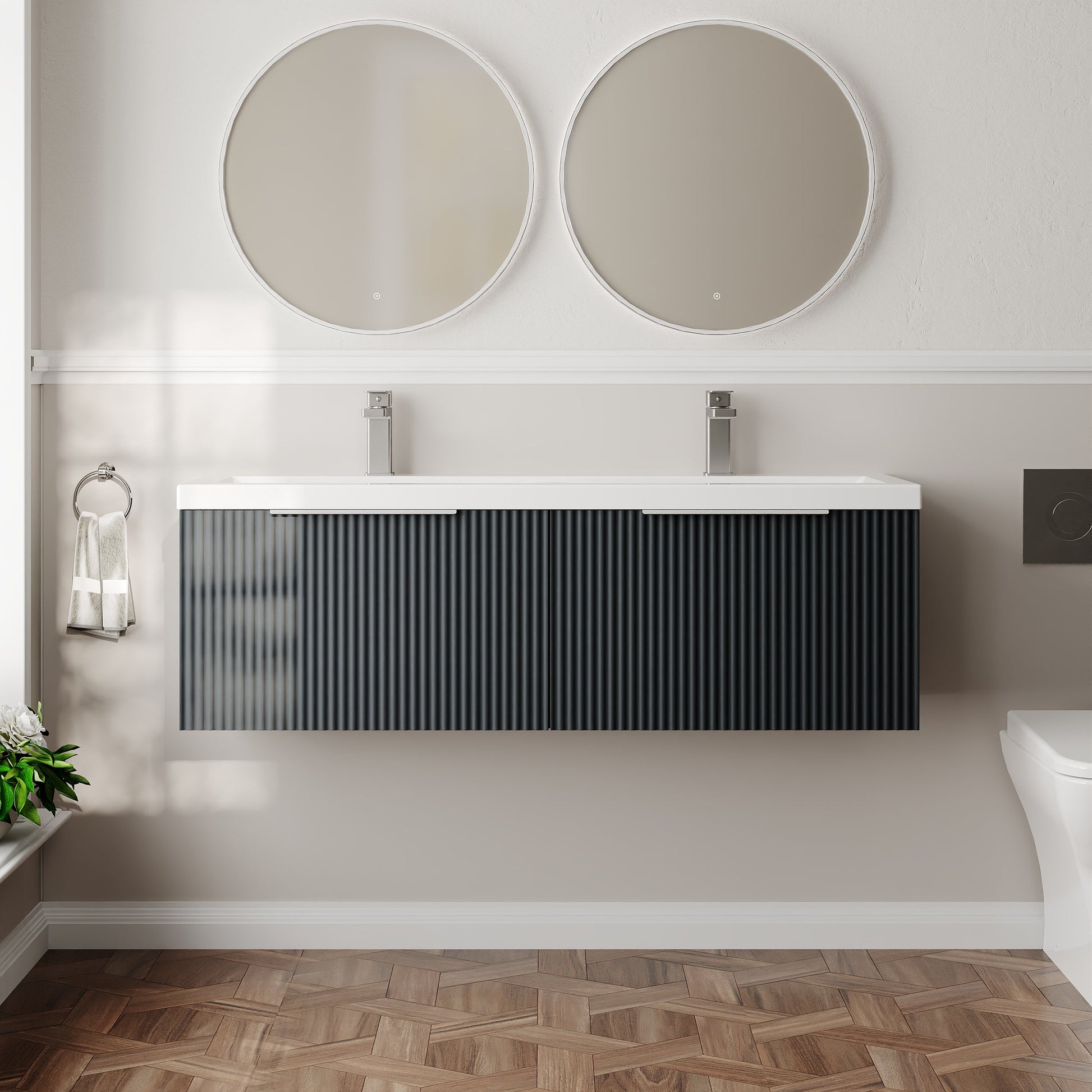 Hudson Reed Fluted 1200mm Wall Hung Soft Black 2-Drawer Vanity Unit with Double Basin