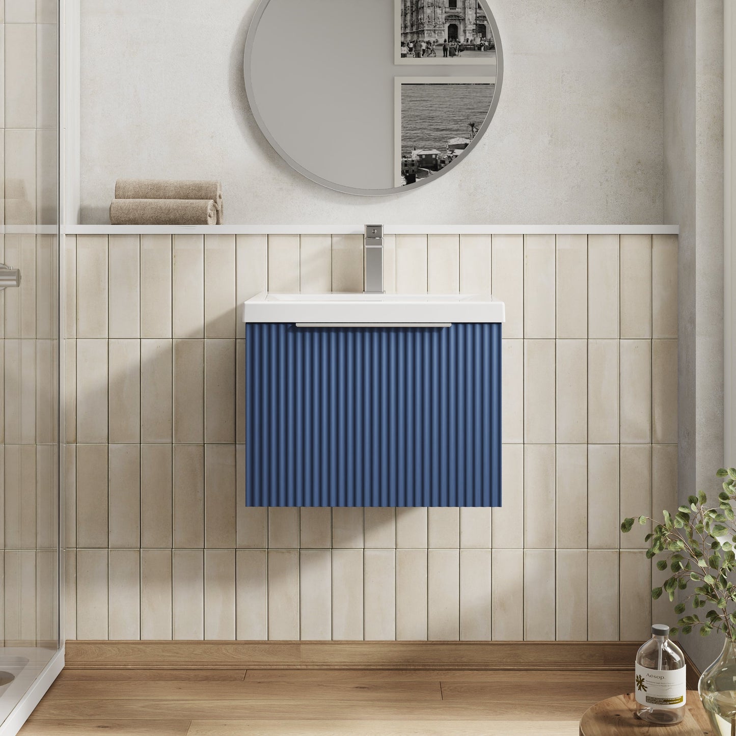 Hudson Reed Fluted 500mm Satin Blue Wall Hung Single Drawer Vanity Unit With Basin