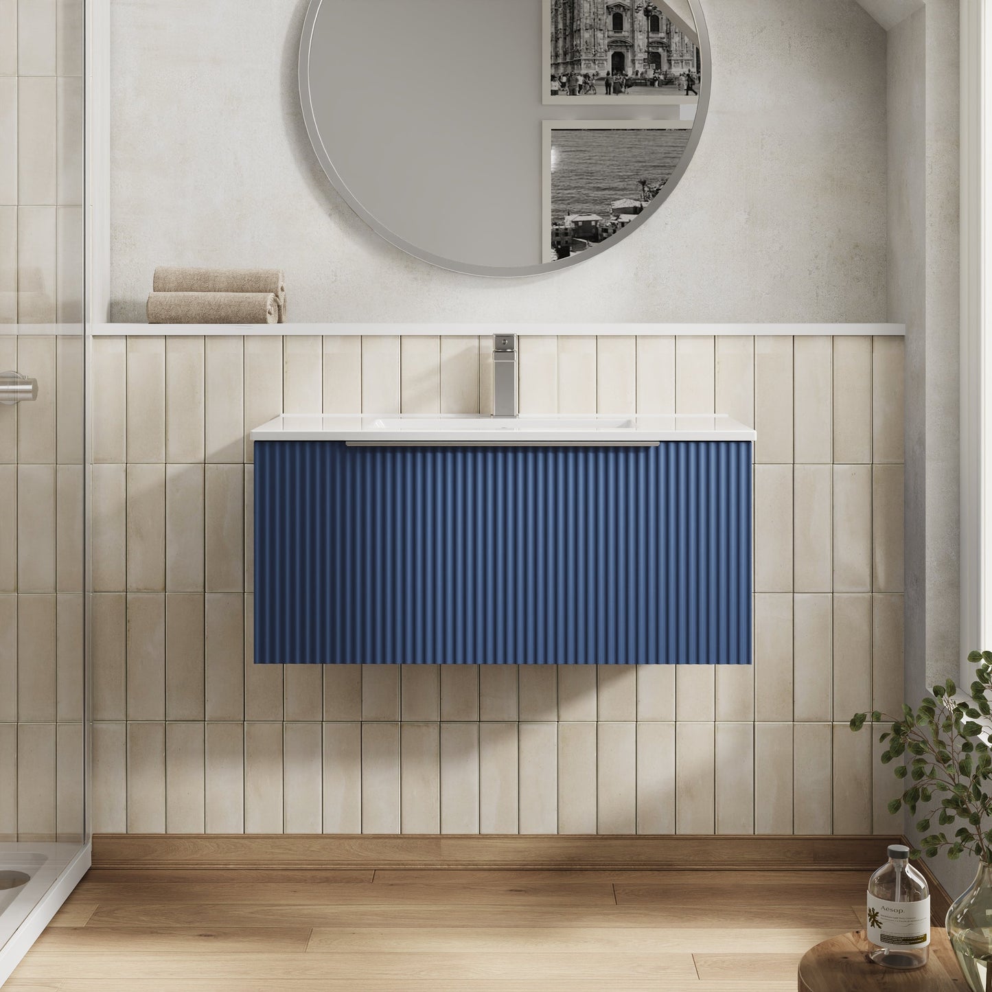 Hudson Reed Fluted 800mm Wall Hung Single Drawer Vanity Unit With Basin