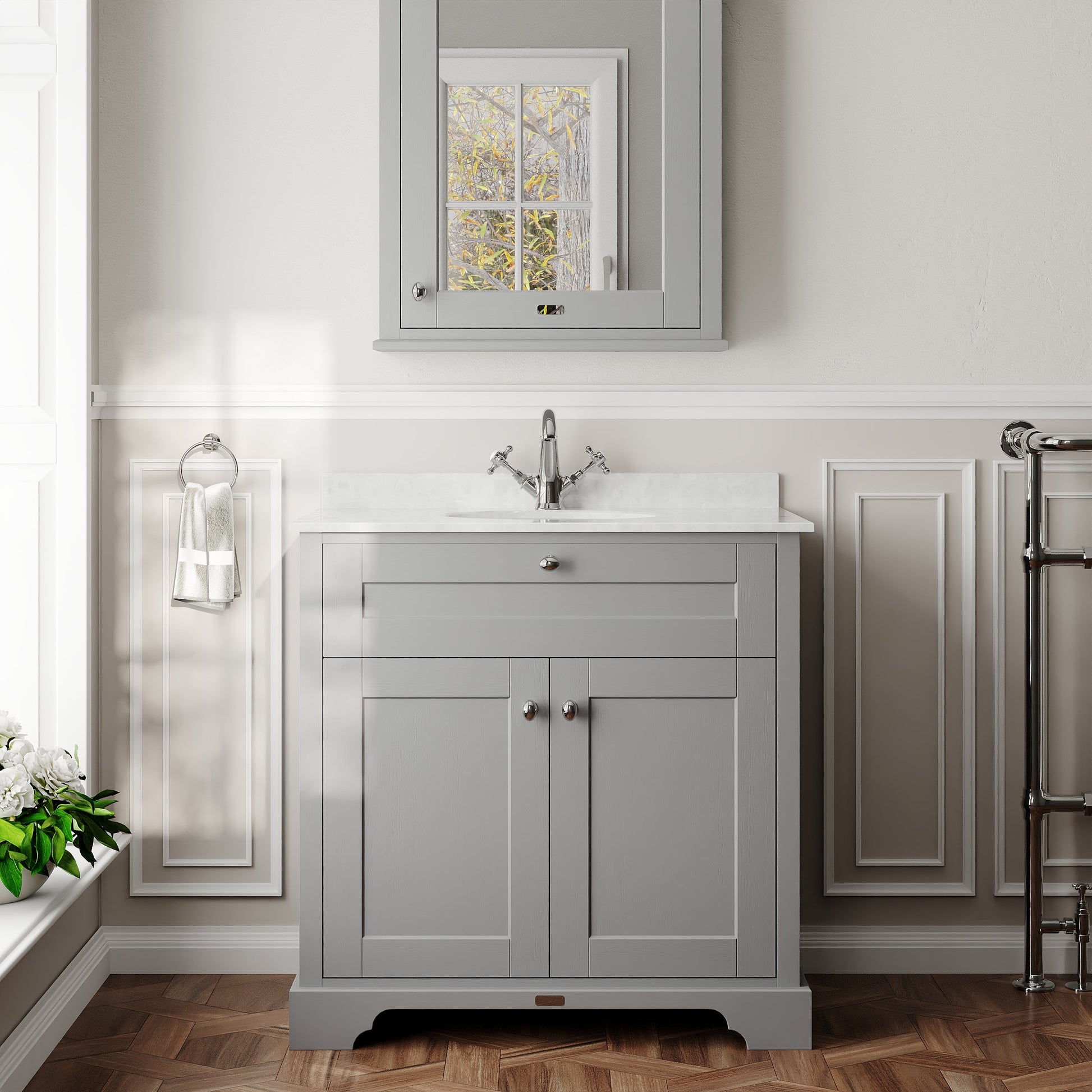Hudson Reed Old London 800mm Floor Standing 2 Door Soft Close Vanity Unit With White Marble Top Basin