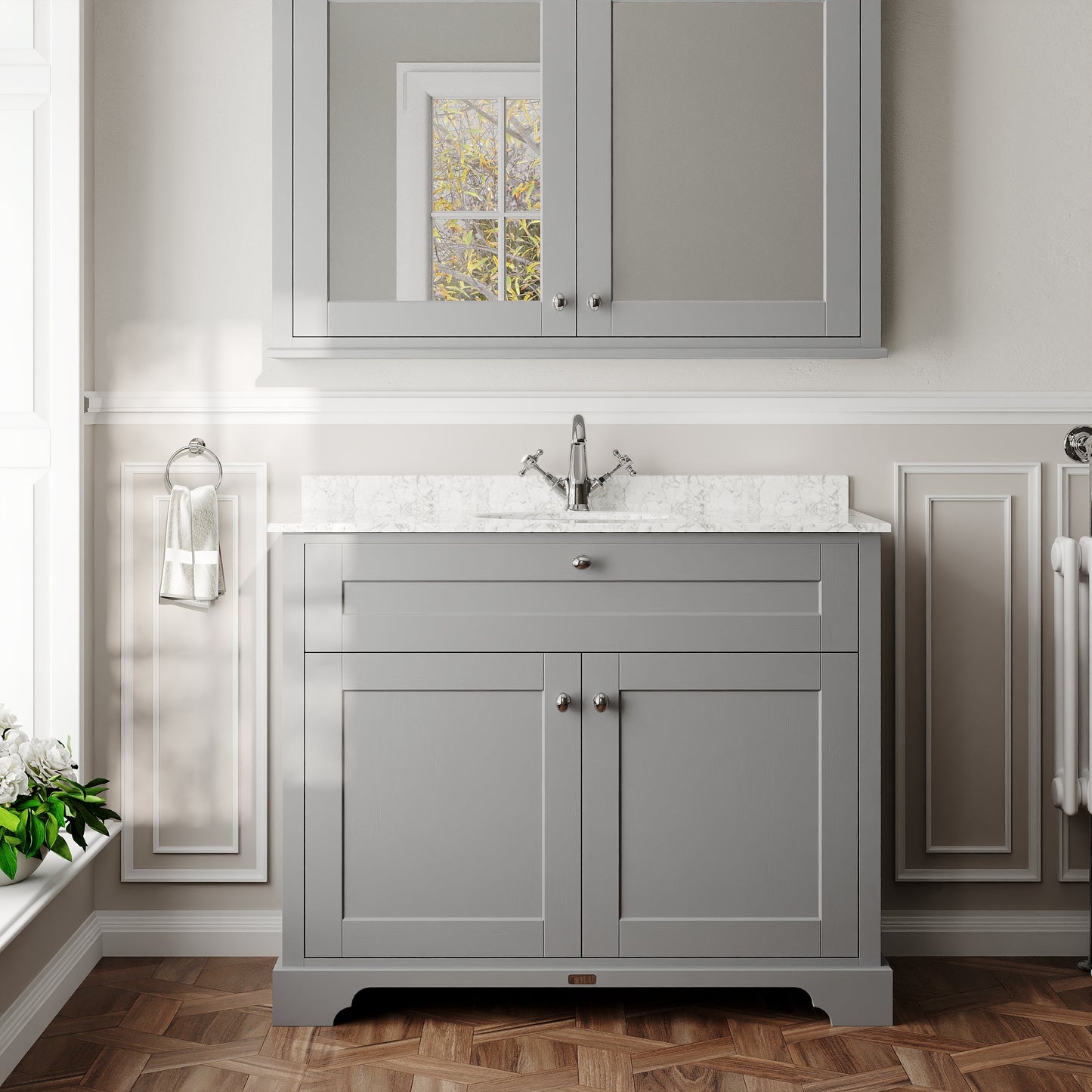 Floor Standing 2 Door Vanity Unit with 1 Tap Hole Grey Marble Top 1000mm