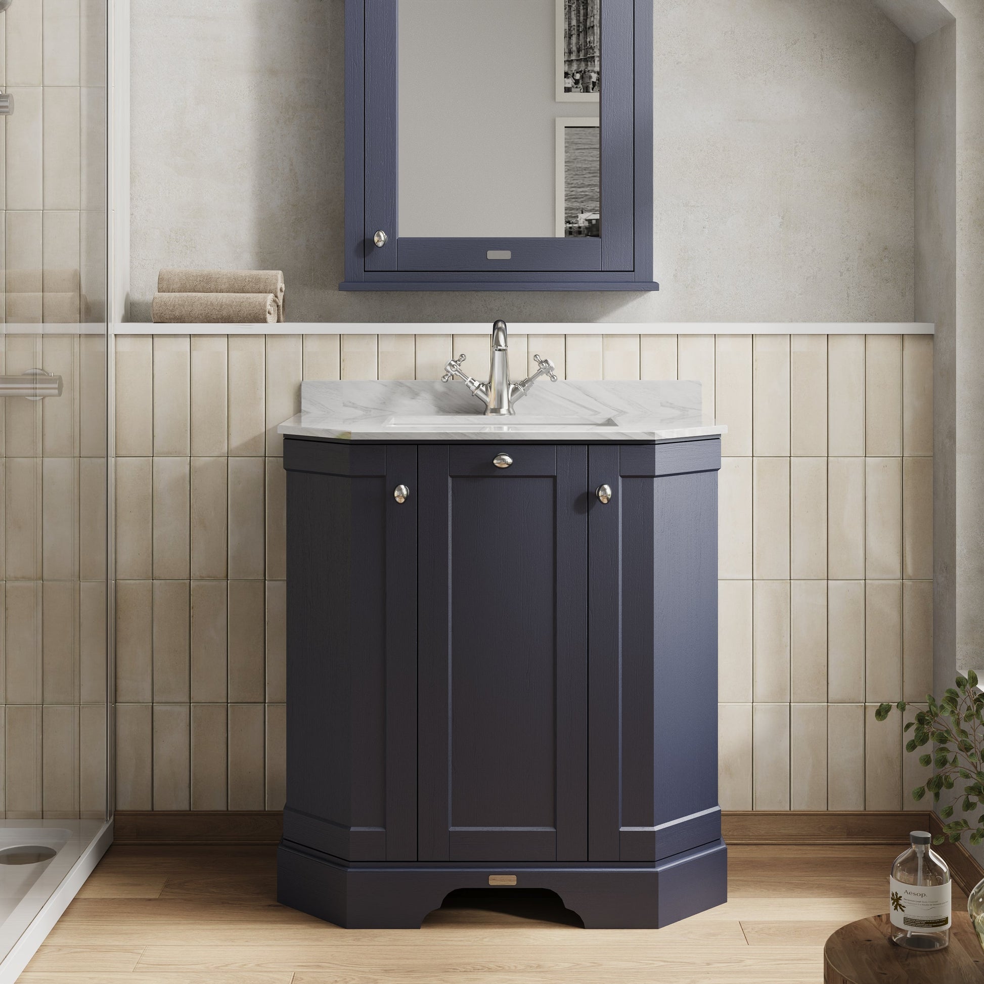 Hudson Reed Old London 750mm Twilight Blue Floor Standing 3 Door Vanity Unit With Grey Marble Top Basin