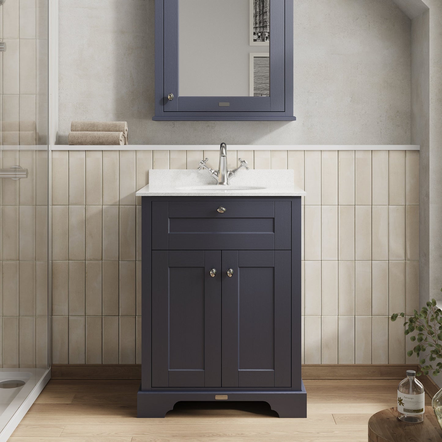 Hudson Reed Old London 600mm Floor Standing 2 Door Vanity Unit With White Marble Top Basin