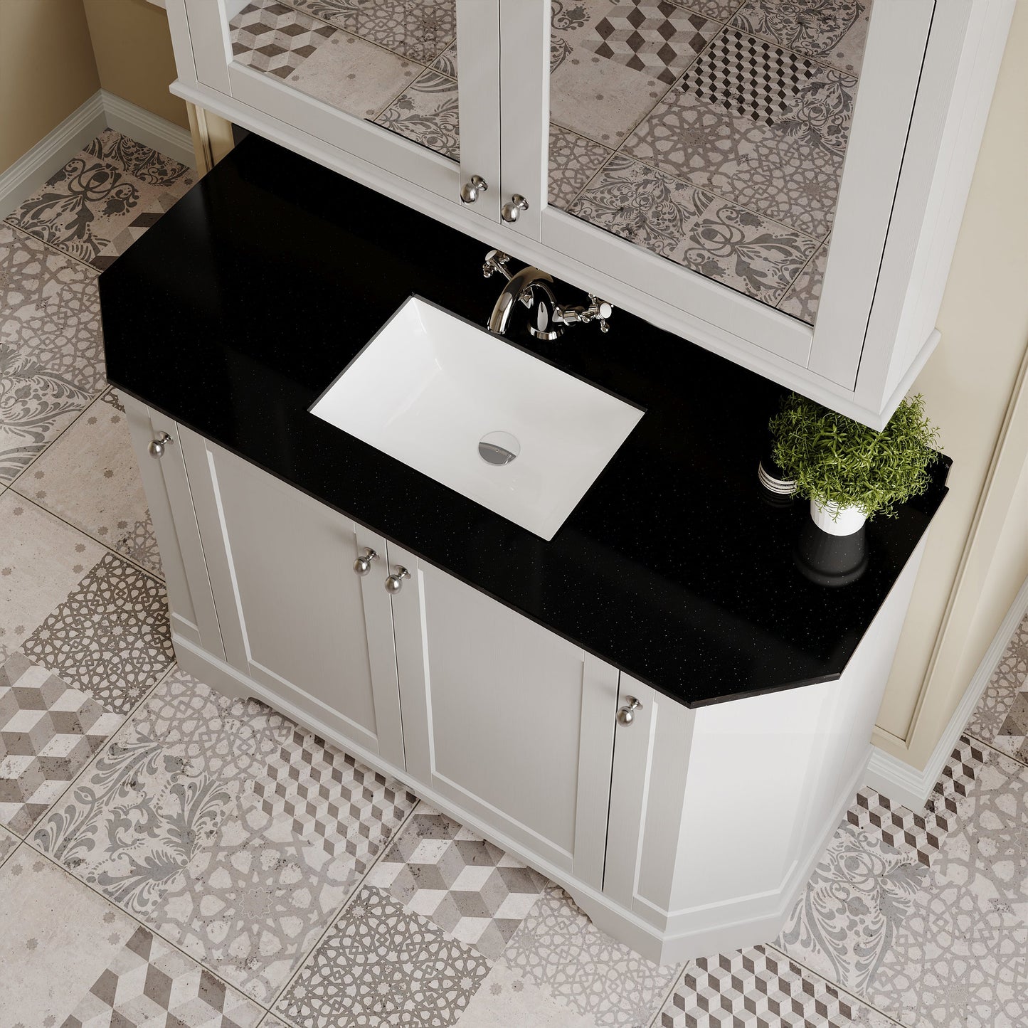 Floor Standing 4 Door Angled Vanity Unit with 1 Tap Hole Black Marble Top 1200mm