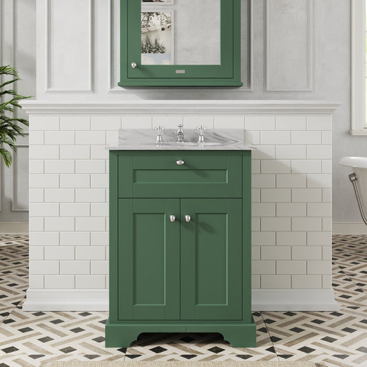 Hudson Reed Old London 620mm Hunter Green Floor Standing 2 Door Vanity Unit With 3 Tap Hole Grey Marble Top Basin