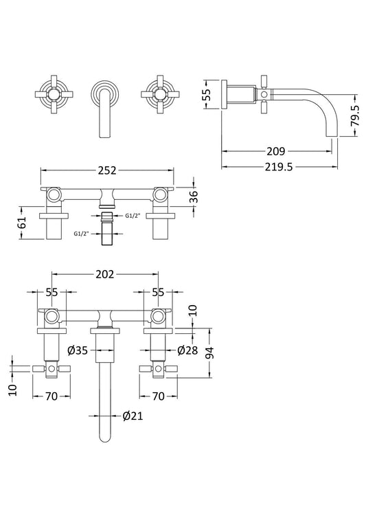 Tec Crosshead Wall Mounted Basin Mixer