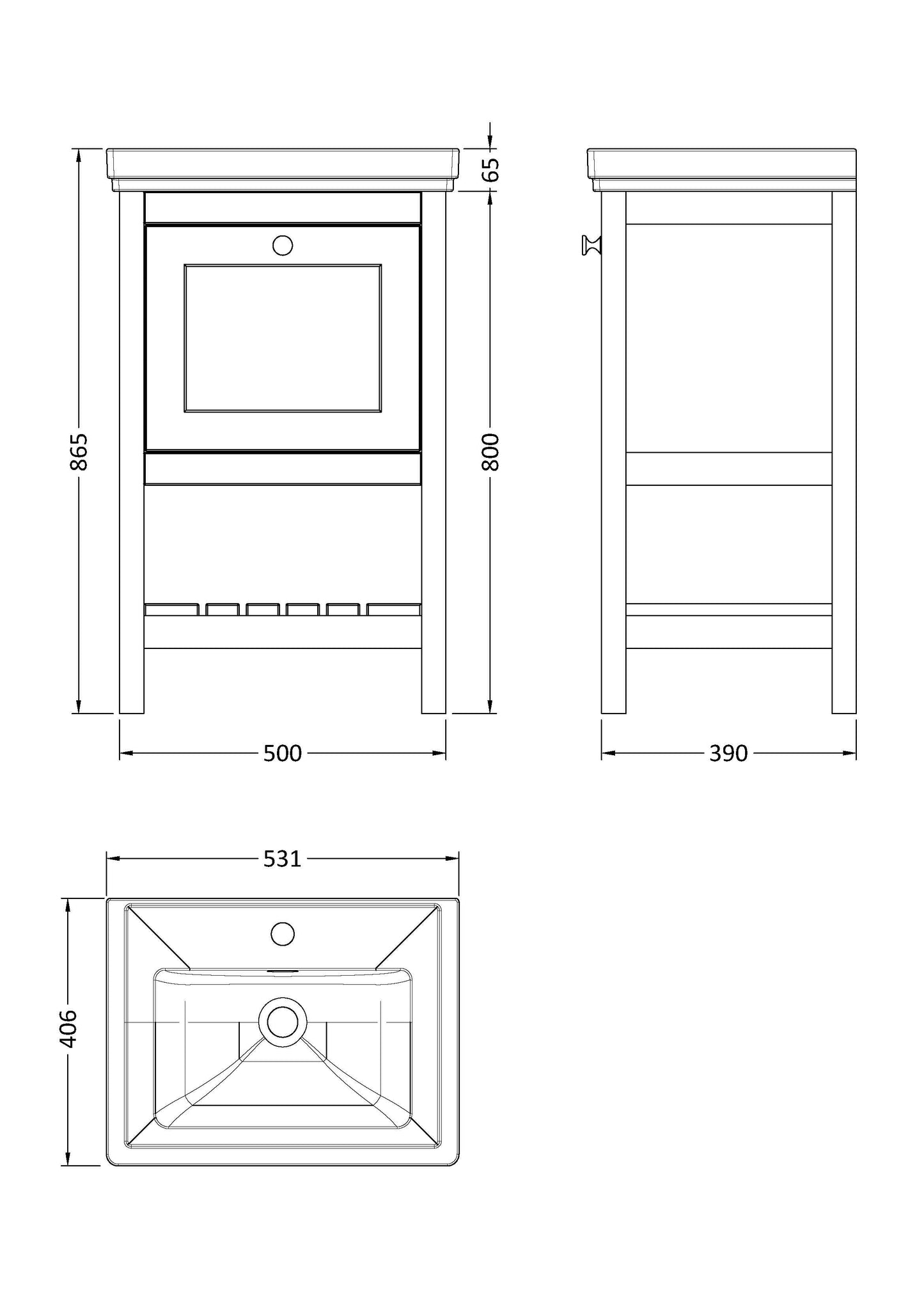 Hudson Reed Bexley 500mm Floor Standing 1 Drawer Vanity Unit with 1 Tap Hole Fireclay Basin