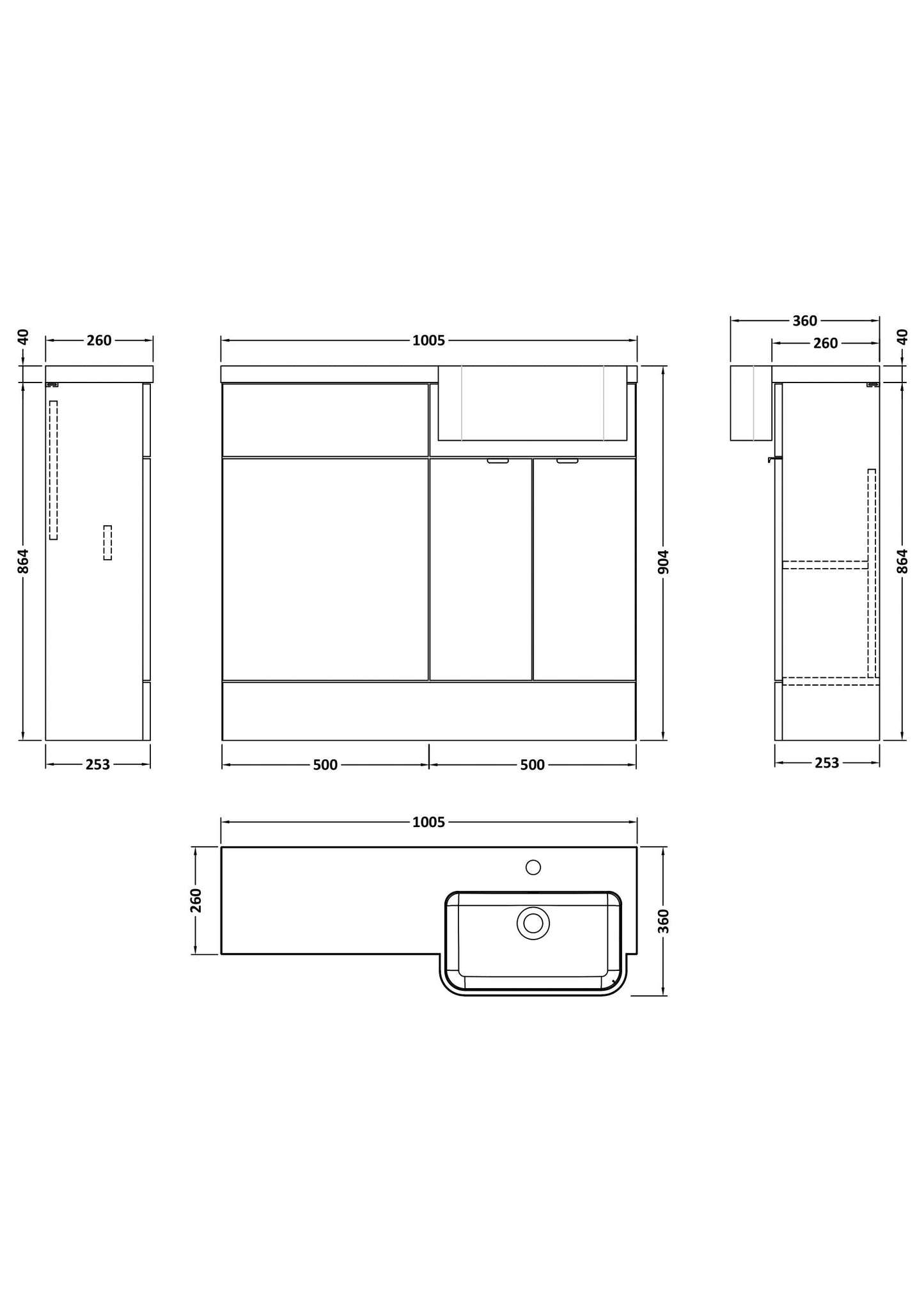 Hudson Reed Fusion 1005mm Floor Standing 2 Door Vanity & Toilet Combination with Semi Recessed Basin, Soft Close Doors