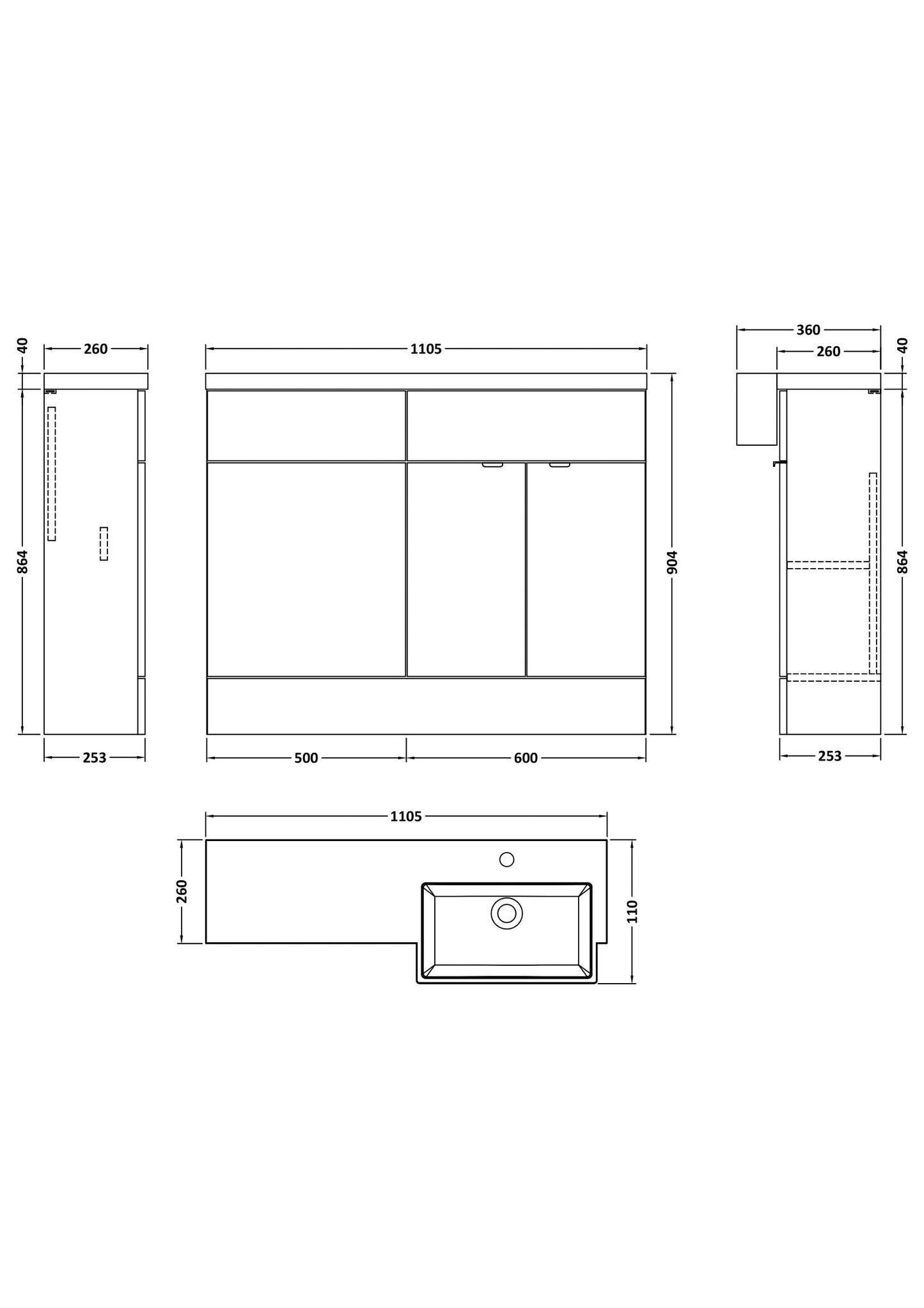 Fusion Floor Standing 2 Door Vanity Unit & WC with Right Hand Semi Recessed Basin Combination 1100mm
