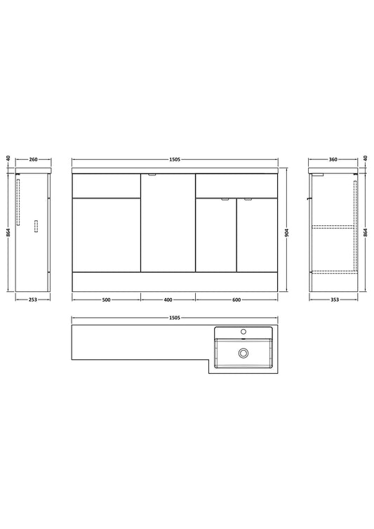 Hudson Reed Fusion 1500mm Right Hand Pebble Grey Combination Unit with Basin & Handles