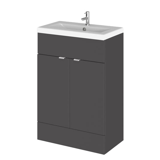 Hudson Reed Fusion 600mm Gloss Grey Floor Standing 2 Door Vanity Unit & Basin, Ready Built