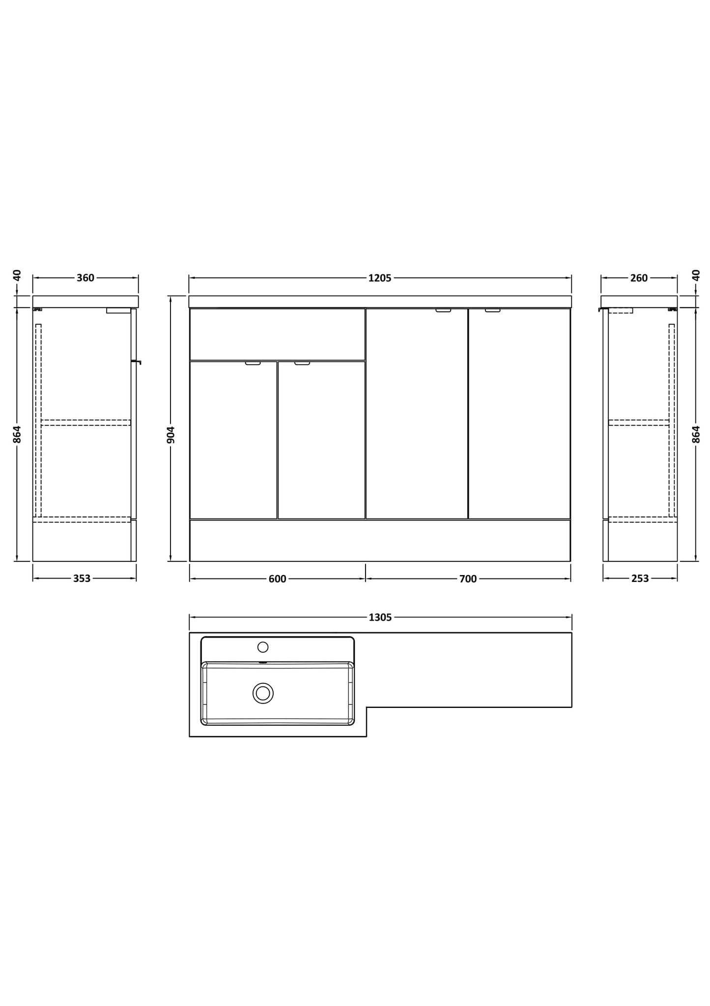 Hudson Reed Fusion 1200mm Left Hand Gloss Grey Floor Standing 4 Door Vanity Basin Combination