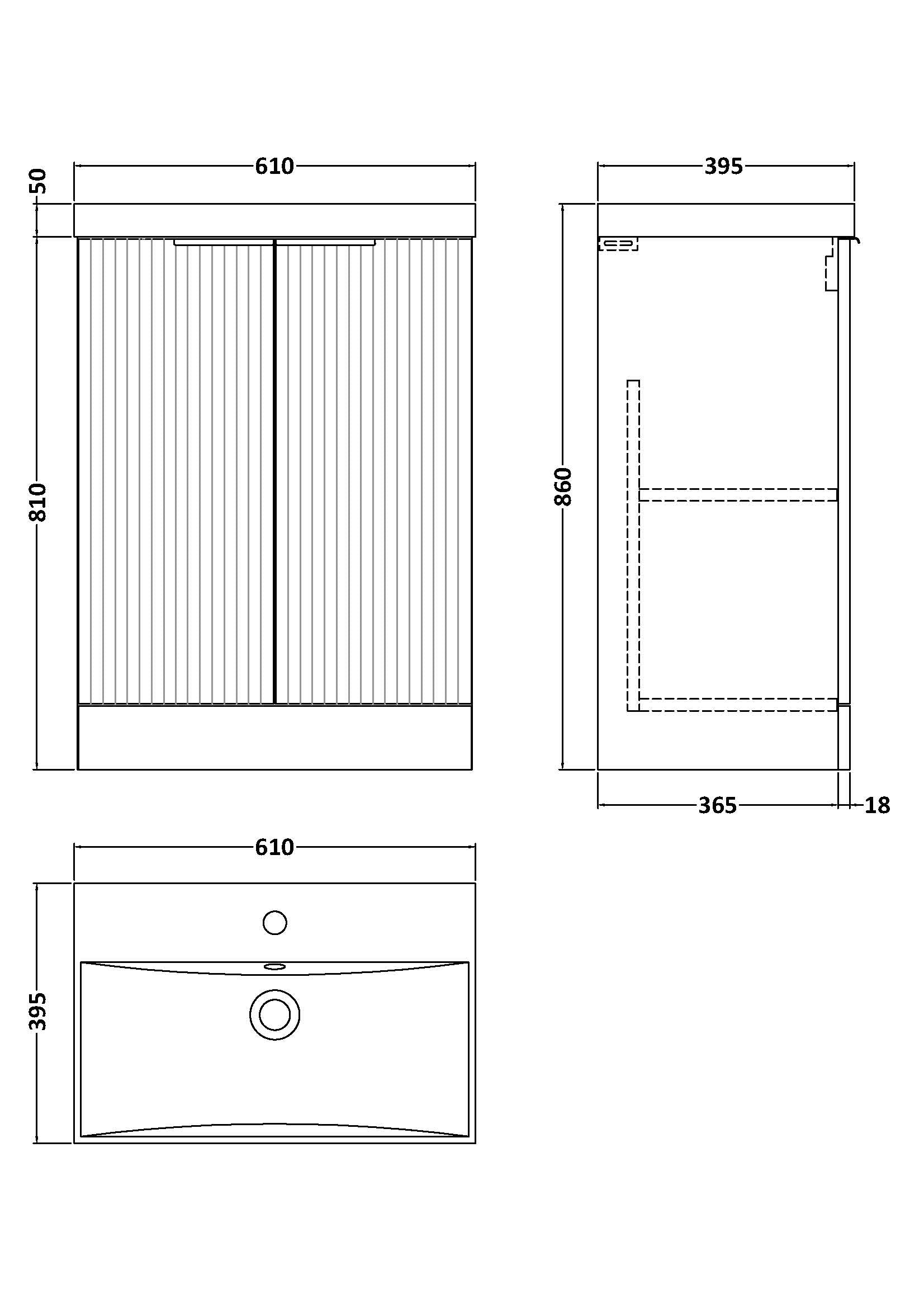 Hudson Reed Fluted 600mm Floor Standing 2-Door Vanity Unit Including Basin
