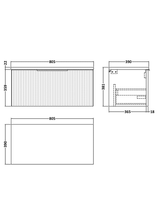 Hudson Reed Fluted 800mm Wall Hung Single Drawer Vanity Unit With Laminate Top