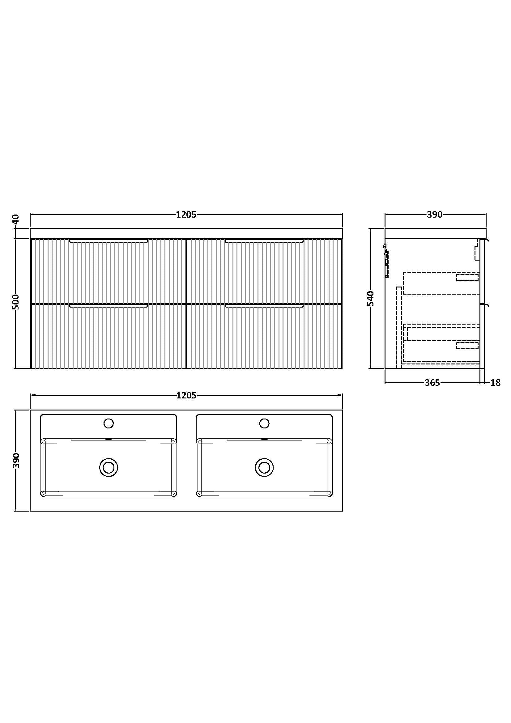 Hudson Reed Fluted 1205mm Satin Grey Wall Hung 4-Drawer Vanity Unit with Double Basin, Pre-Assembled