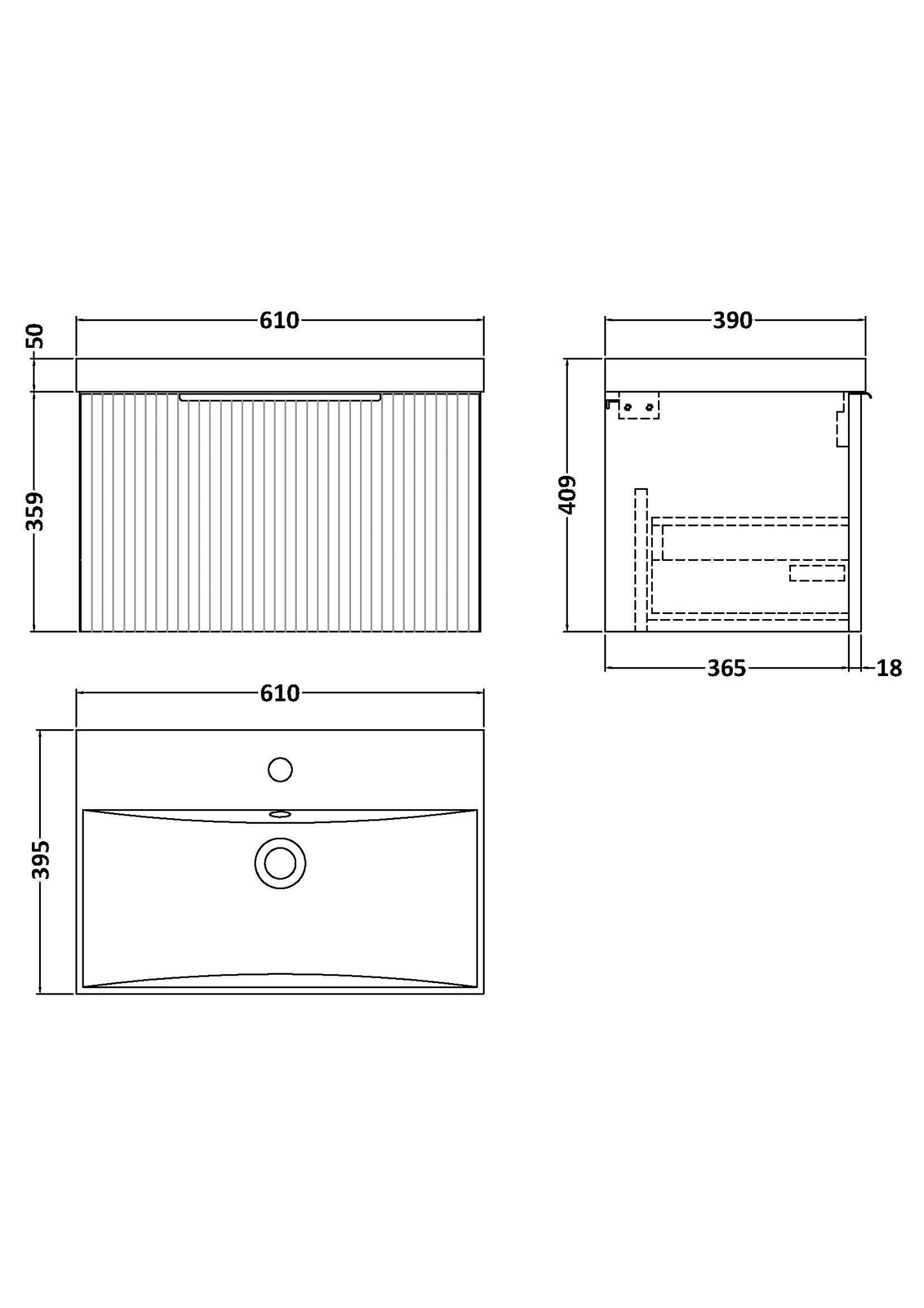 Hudson Reed Fluted 600mm Satin Grey Wall Hung Single Drawer Vanity Unit With Basin