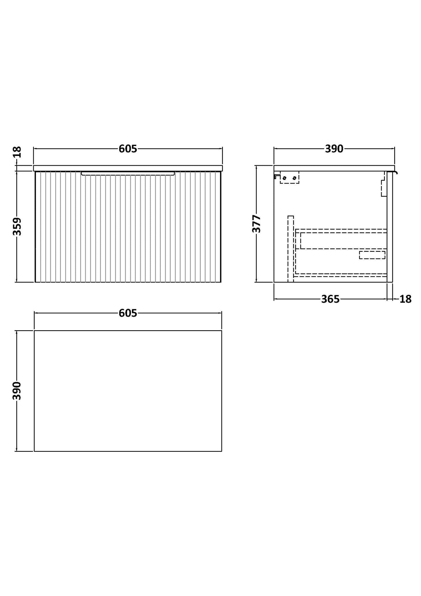 Hudson Reed Fluted 600mm Wall Hung Single Drawer Vanity Unit With Worktop
