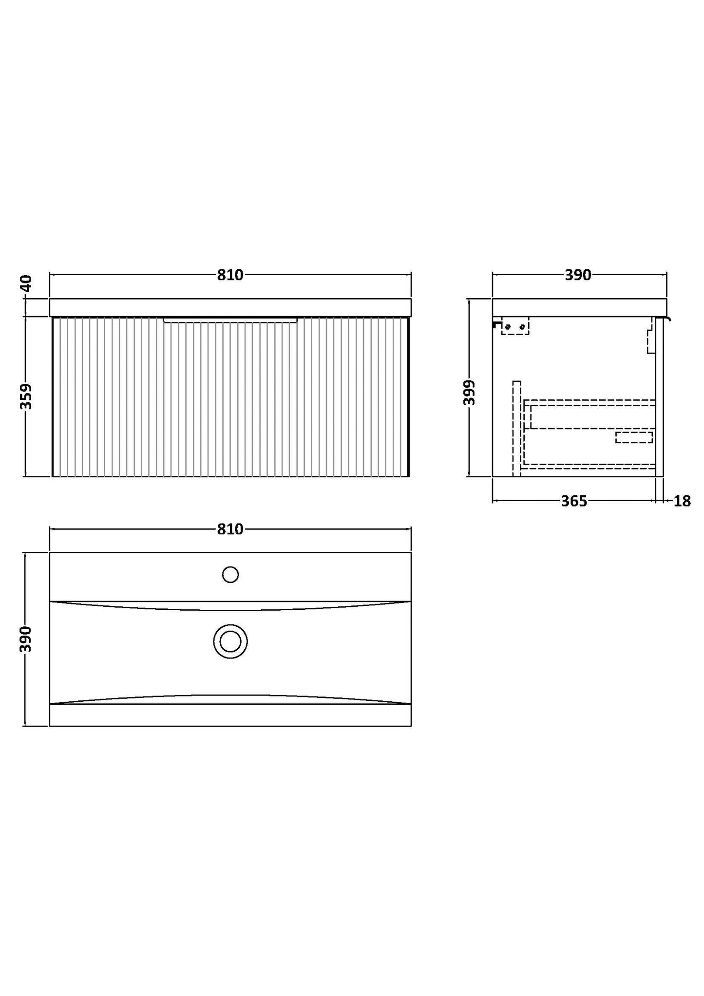 Hudson Reed Fluted 800mm Wall Hung Single Drawer Vanity Unit With Basin