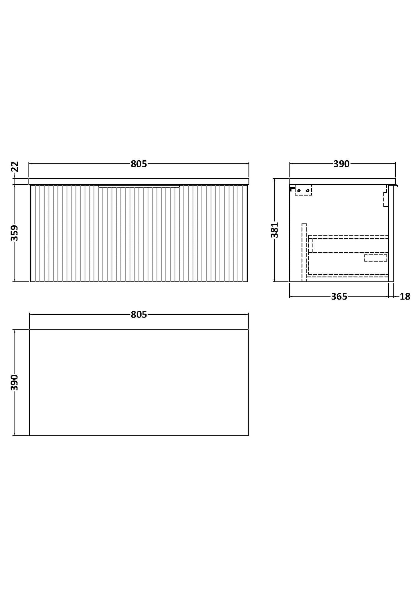 Hudson Reed Fluted 800mm Wall Hung Satin Grey Single Drawer Vanity Unit With Laminate Top