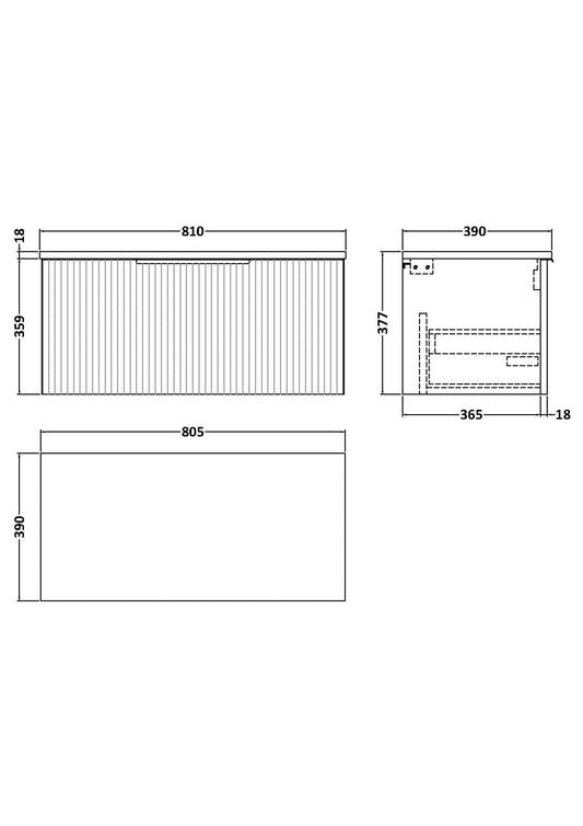 Hudson Reed Fluted 800mm Satin Grey Wall Hung Single Drawer Vanity and Worktop