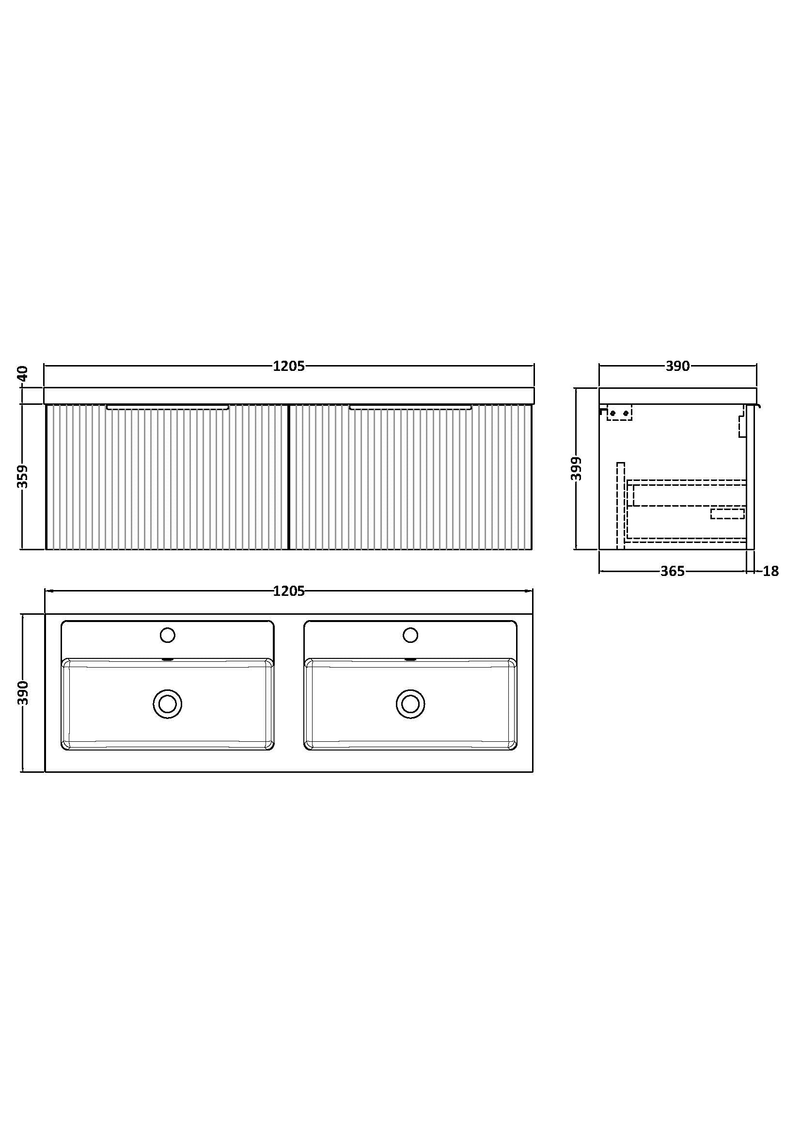 Hudson Reed Fluted 1205mm Satin Green Wall Hung 2-Drawer Vanity Unit With Double Polymarble Basin