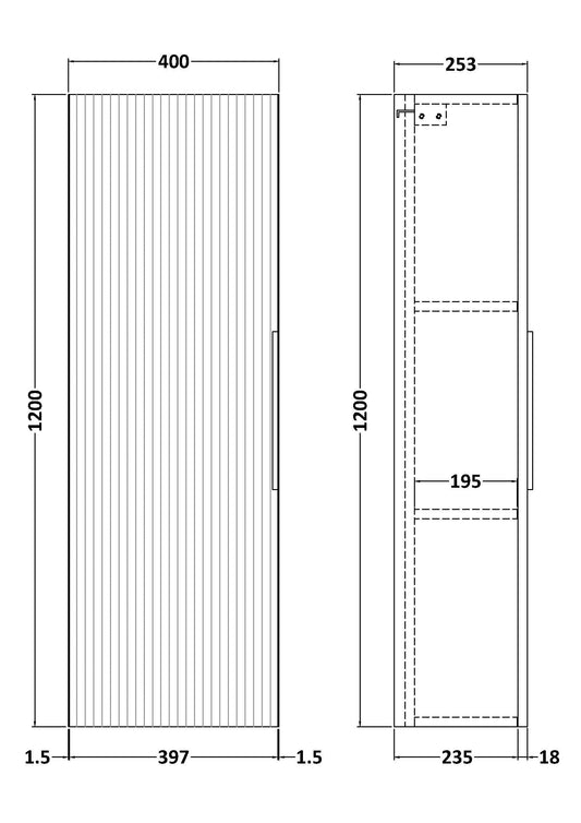 Hudson Reed Fluted 400mm 1 Door Satin Blue Wall Hung Tall Cabinet With Handles